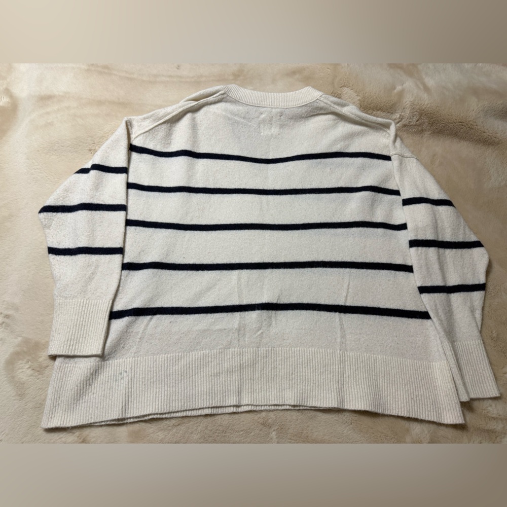 Aerie Oversized V-Neck Sweater - Cream and Navy Blue Stripes - Picture 2 of 7